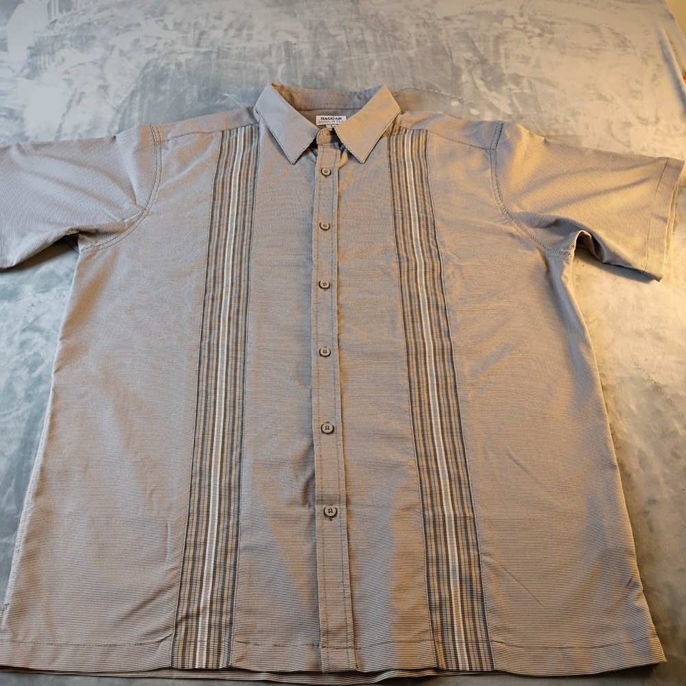 Haggar Cool 18 Tec Mens Large Gray Micro Stripe Short Sleeve Button Up Shirt
